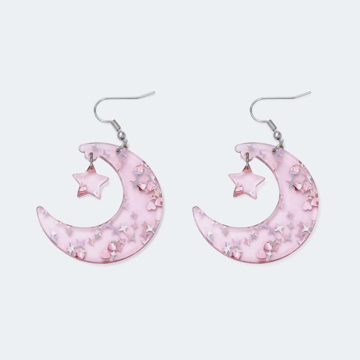 Pretty Shiny Pink Moon With Shiny Star Earrings