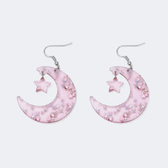 Pretty Shiny Pink Moon With Shiny Star Earrings