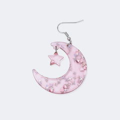 Pretty Shiny Pink Moon With Shiny Star Earrings